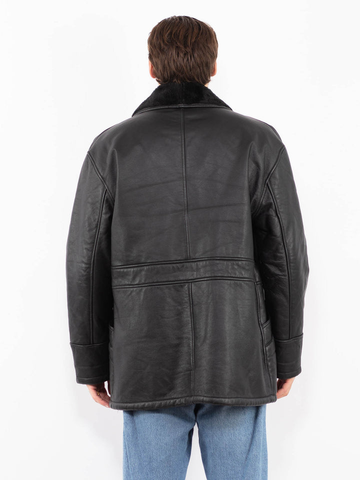 Vintage 90's Men Sherpa Lined Leather Coat in Black