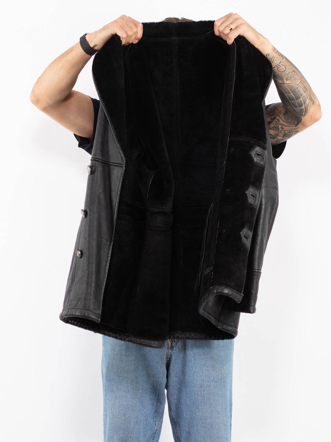 Vintage 90's Men Sherpa Lined Leather Coat in Black