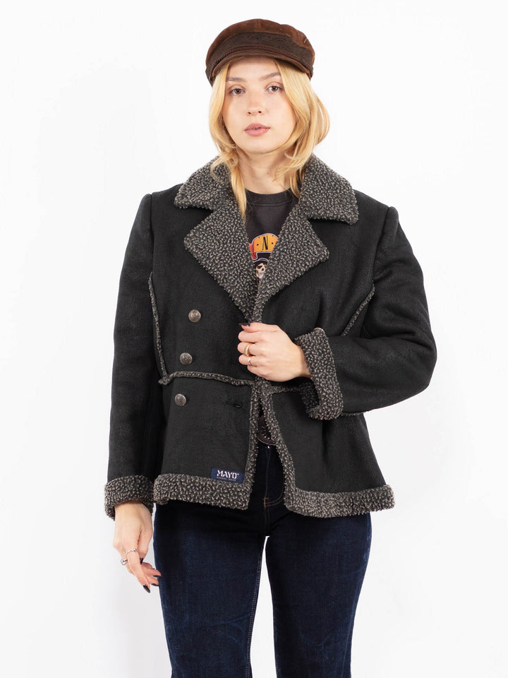 Vintage 90's Women Faux Sheepskin Jacket in Black