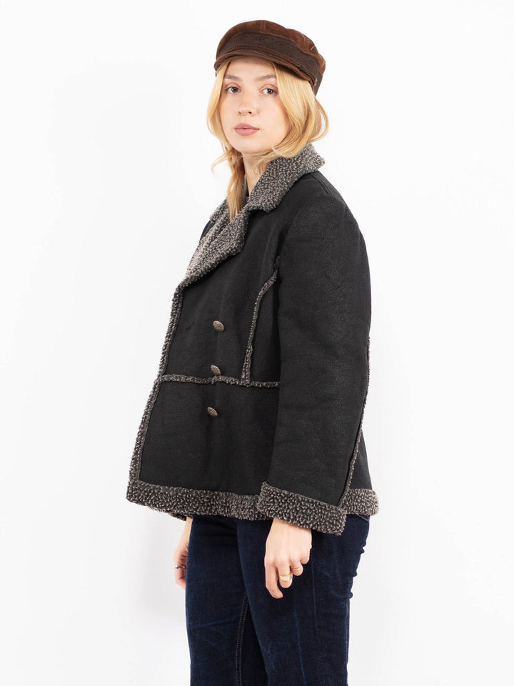 Vintage 90's Women Faux Sheepskin Jacket in Black
