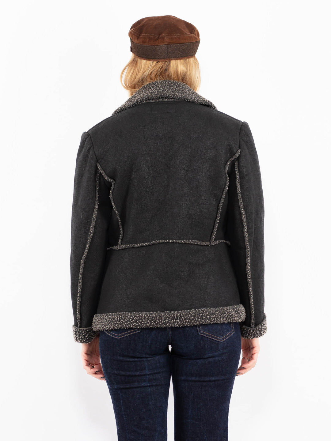Vintage 90's Women Faux Sheepskin Jacket in Black