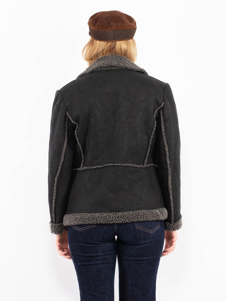 Vintage 90's Women Faux Sheepskin Jacket in Black