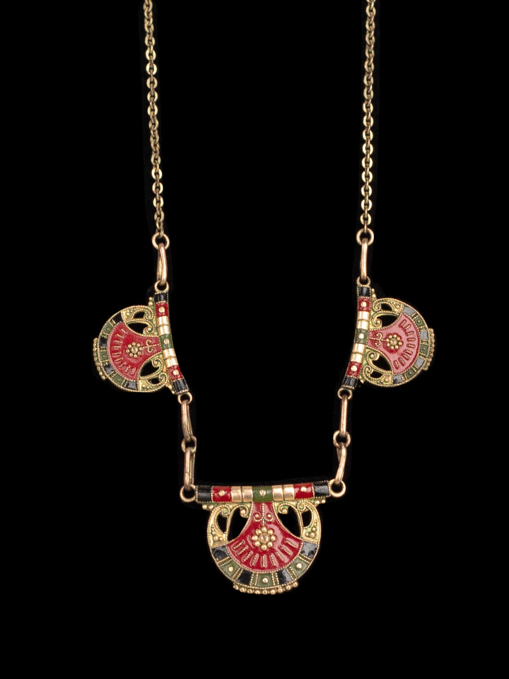 Vintage 20s Art Deco Fan Necklace with Red, Green & Black Enamel on Brass