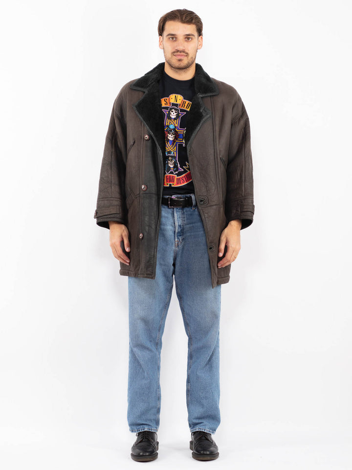 Vintage 90's Men Sheepskin Leather Coat in Gray Brown