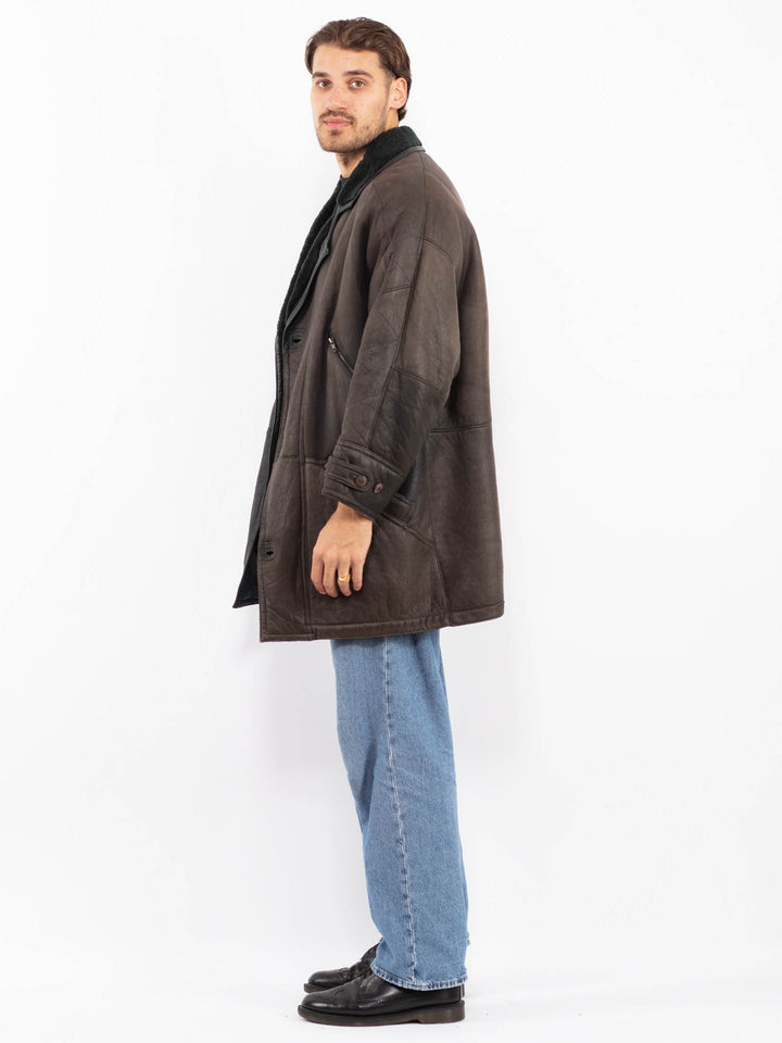 Vintage 90's Men Sheepskin Leather Coat in Gray Brown