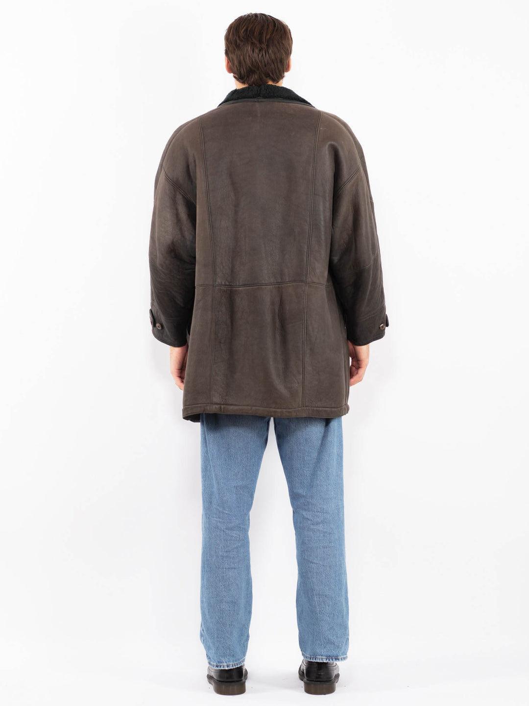 Vintage 90's Men Sheepskin Leather Coat in Gray Brown