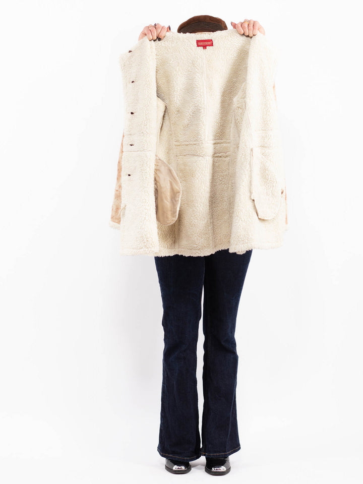 Vintage 00's Women Hooded Sherpa Coat in Beige