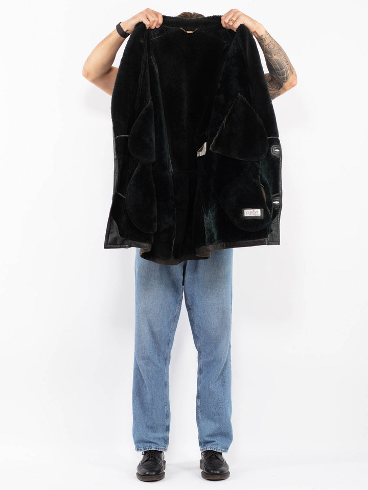 Vintage 90's Men Sheepskin Leather Coat in Gray Brown