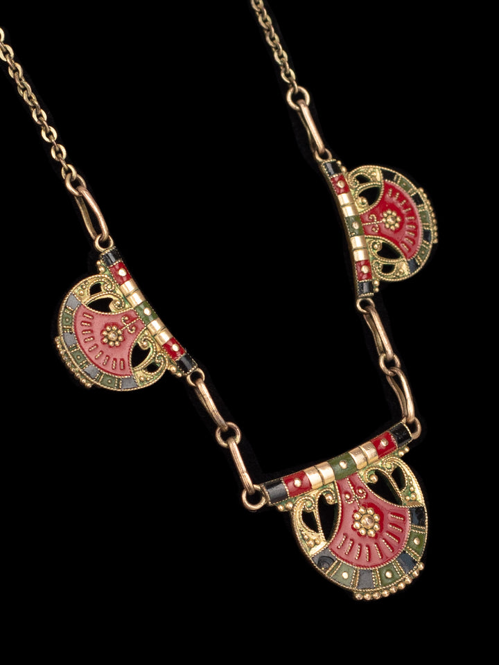 Vintage 20s Art Deco Fan Necklace with Red, Green & Black Enamel on Brass