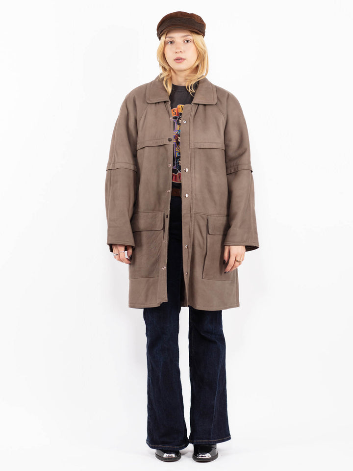 Vintage 80's Women Sheepskin Leather Coat in Gray