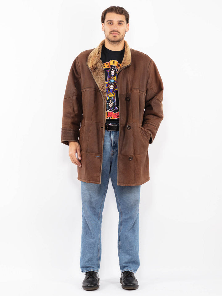 Vintage 90's Men Sheepskin Leather Coat in Brown