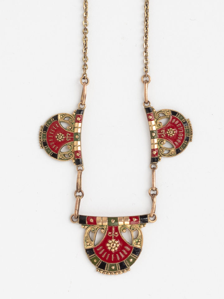 Vintage 20s Art Deco Fan Necklace with Red, Green & Black Enamel on Brass