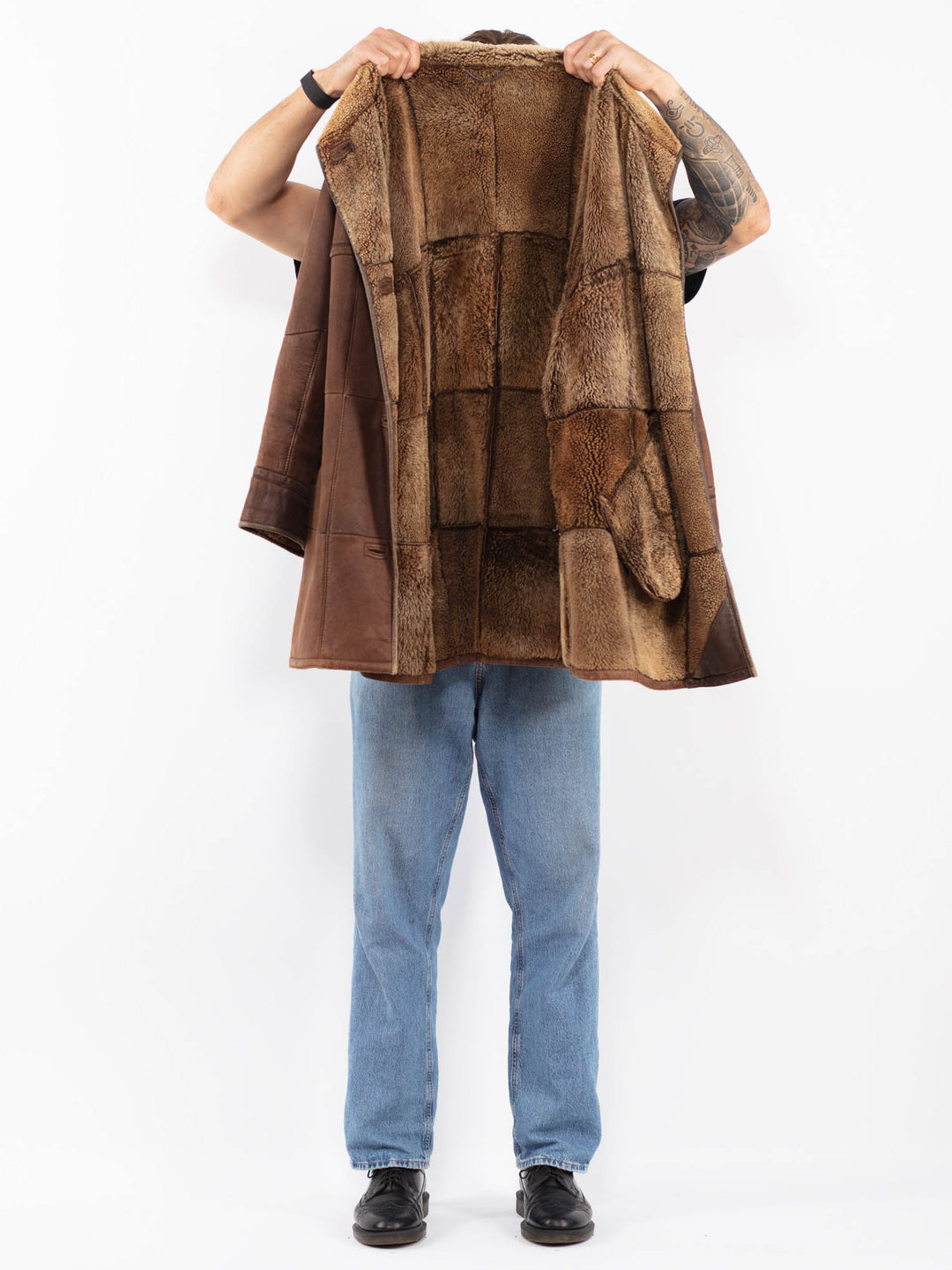 Vintage 90's Men Sheepskin Leather Coat in Brown