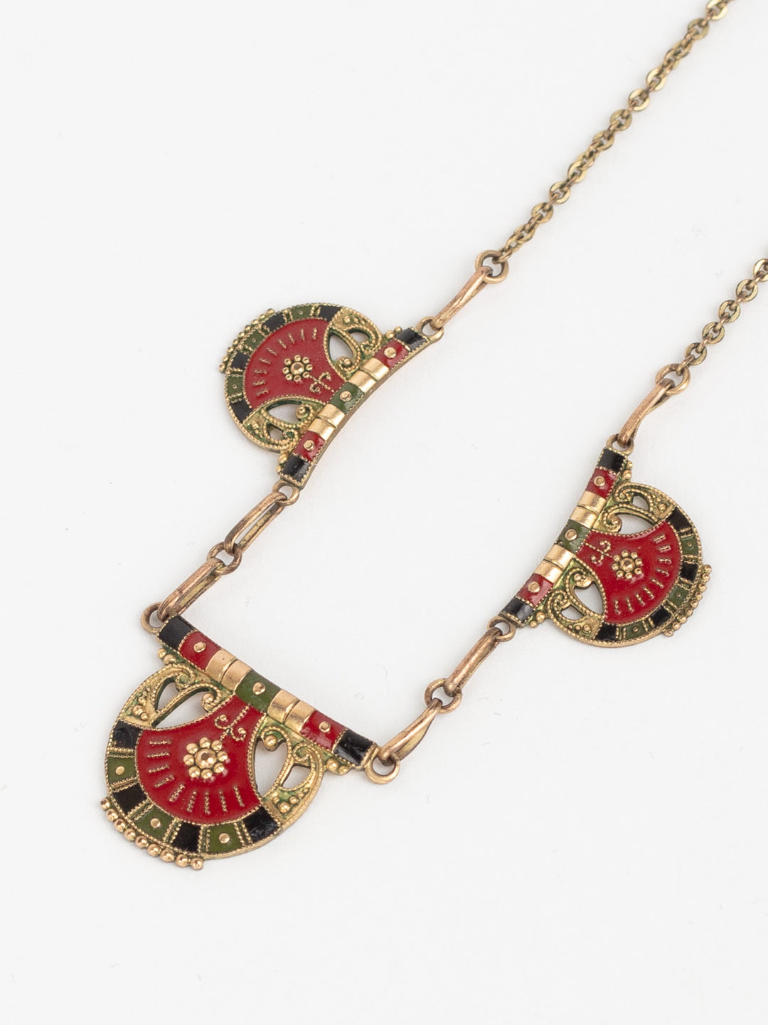 Vintage 20s Art Deco Fan Necklace with Red, Green & Black Enamel on Brass