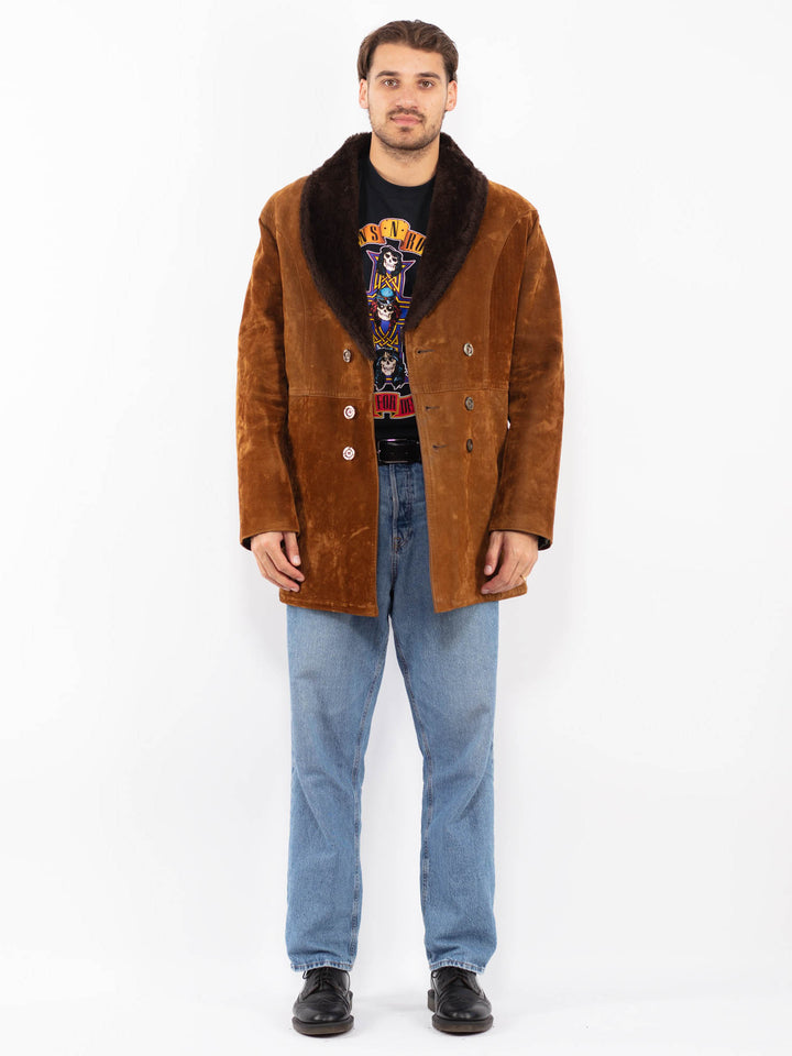 Vintage 90's Men Faux Sheepskin Coat in Brown