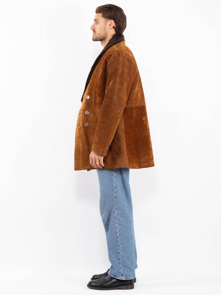Vintage 90's Men Faux Sheepskin Coat in Brown