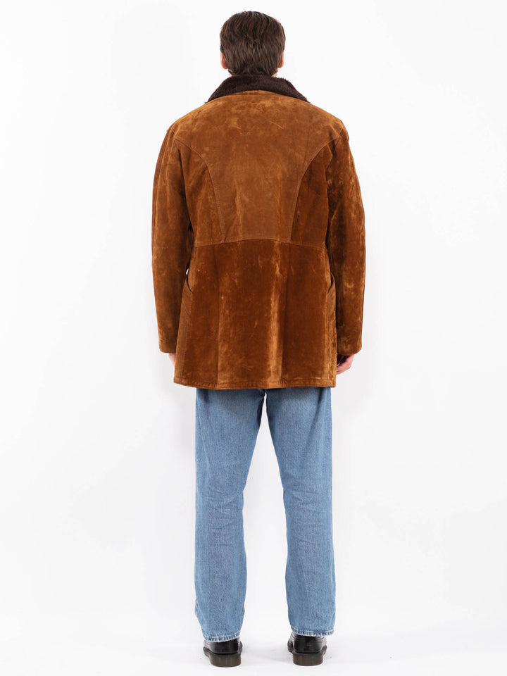 Vintage 90's Men Faux Sheepskin Coat in Brown