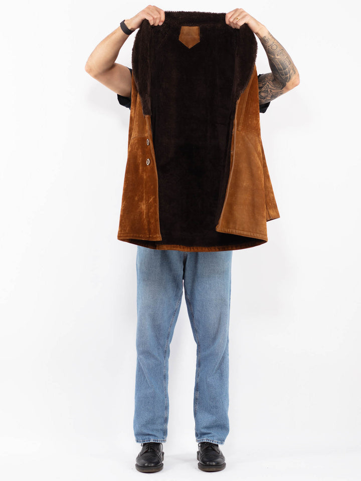 Vintage 90's Men Faux Sheepskin Coat in Brown