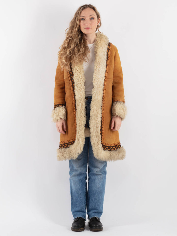 Vintage 70's Women Sheepskin Shearling Coat in Yellow