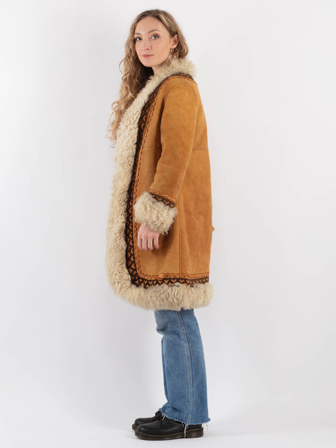 Vintage 70's Women Sheepskin Shearling Coat in Yellow