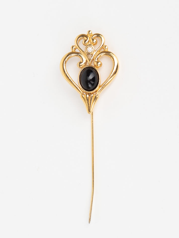 Vintage 80s Stick Pin with Black Cabochon and Clear Rhinestone