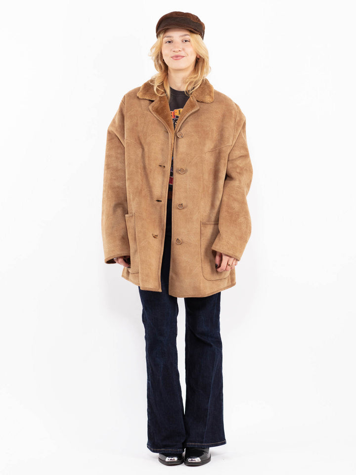 Vintage 00's Women Oversized Faux Sheepskin Coat in Beige