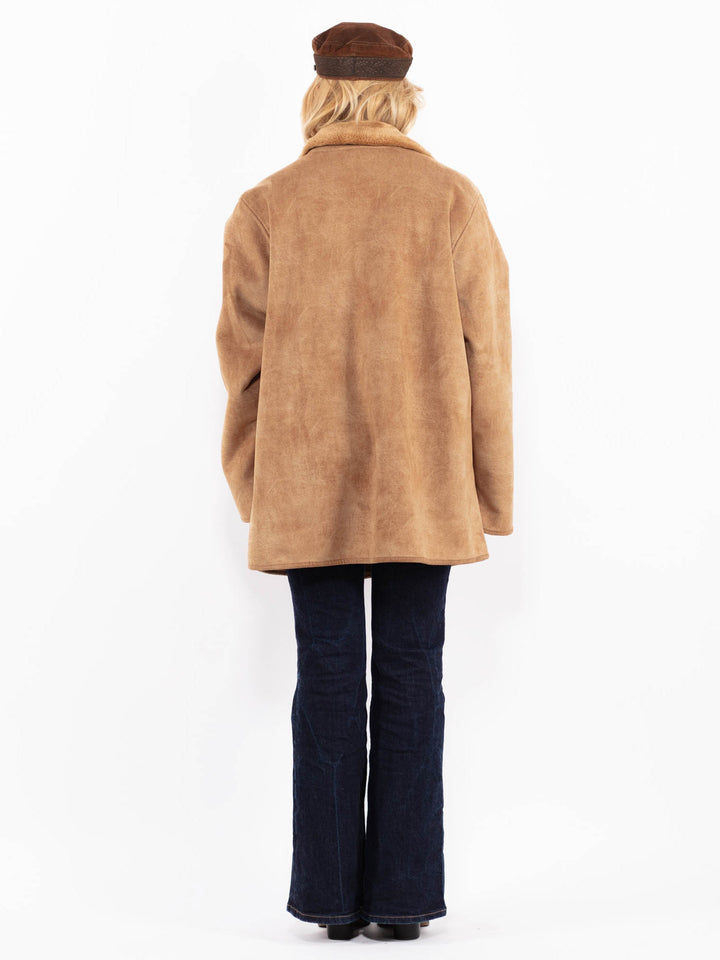 Vintage 00's Women Oversized Faux Sheepskin Coat in Beige