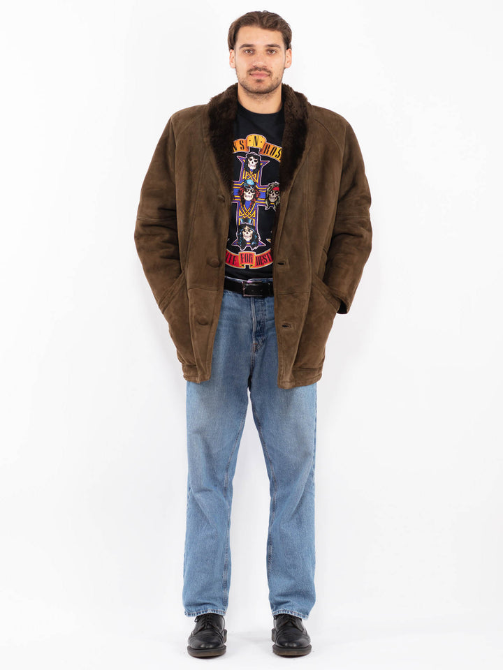 Vintage 80's Men Sheepskin Suede Coat in Moss Brown