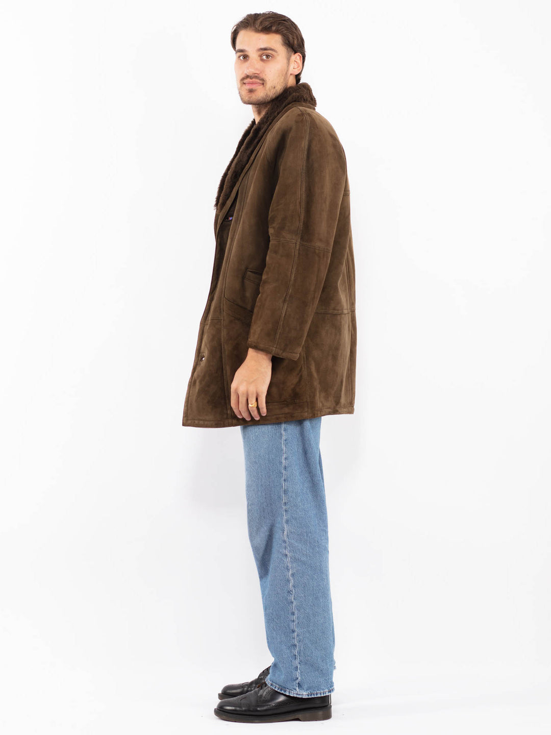 Vintage 80's Men Sheepskin Suede Coat in Moss Brown