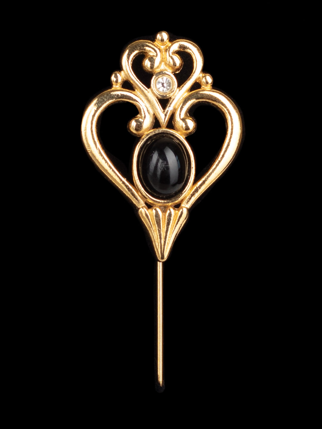 Vintage 80s Stick Pin with Black Cabochon and Clear Rhinestone