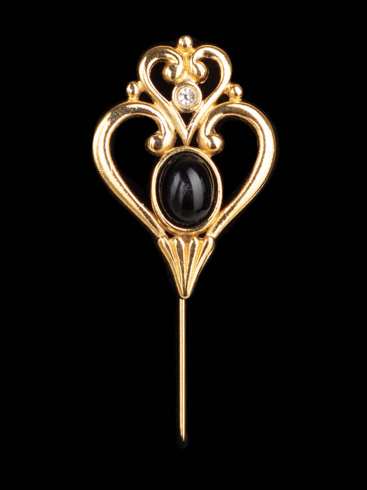 Vintage 80s Stick Pin with Black Cabochon and Clear Rhinestone