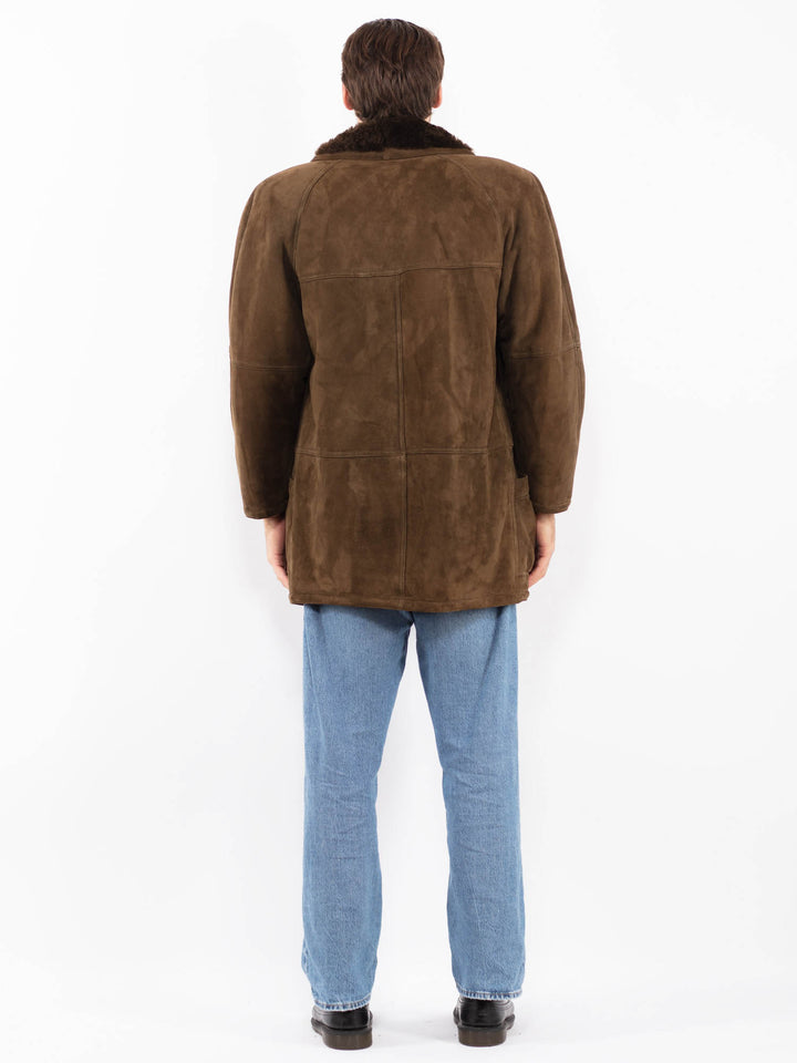 Vintage 80's Men Sheepskin Suede Coat in Moss Brown