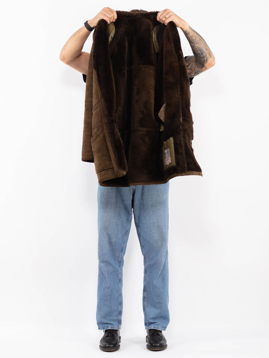 Vintage 80's Men Sheepskin Suede Coat in Moss Brown