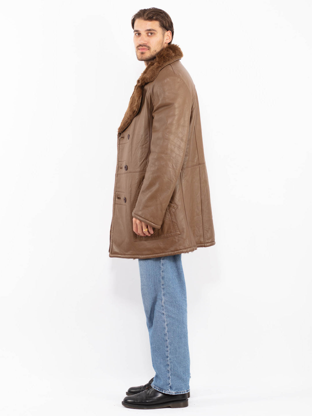 Vintage 70's Men Sherpa Leather Coat in Brown