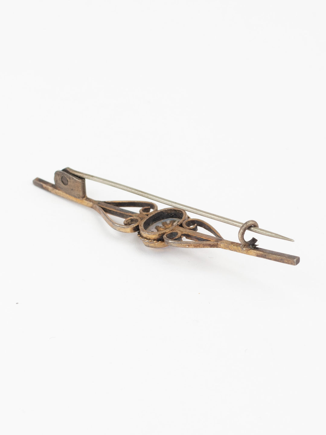 Edwardian Style Filigree Bar Brooch with Blue Glass Cabochon