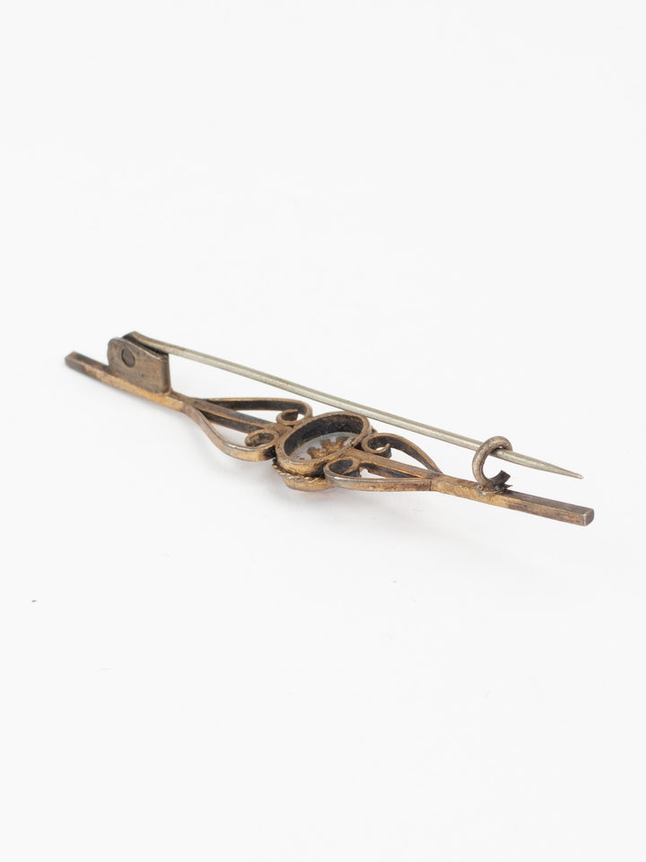 Edwardian Style Filigree Bar Brooch with Blue Glass Cabochon