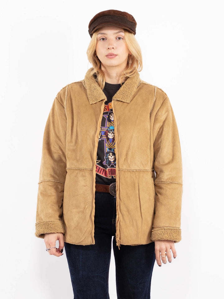 Vintage 90's Women Faux Sheepskin Jacket in Beige