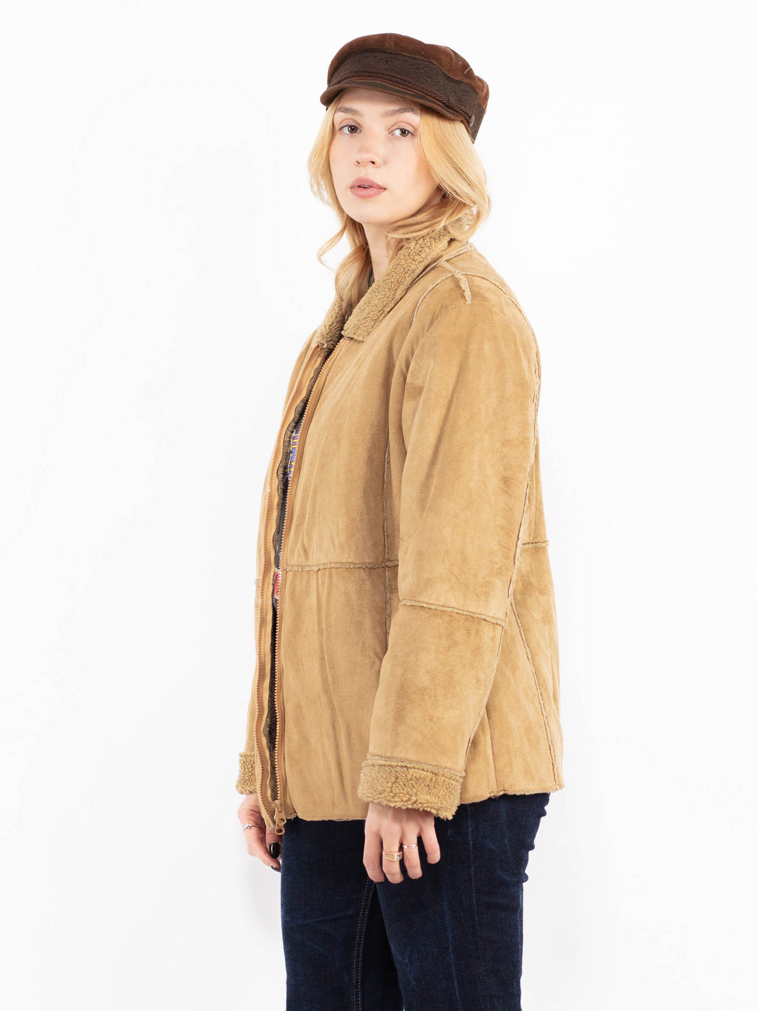 Vintage 90's Women Faux Sheepskin Jacket in Beige