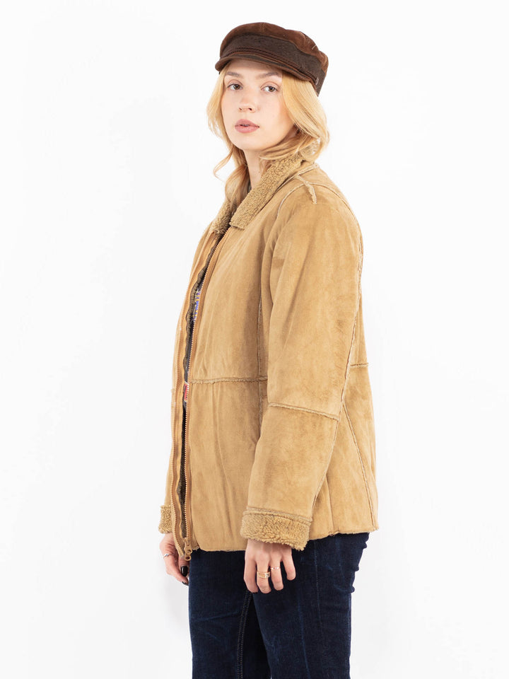 Vintage 90's Women Faux Sheepskin Jacket in Beige