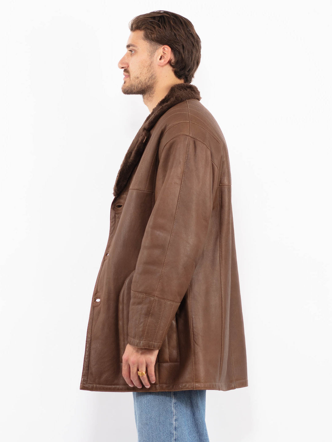 Vintage 70's Men Sheepskin Shearling Coat in Brown