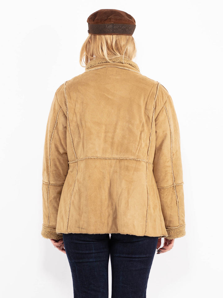 Vintage 90's Women Faux Sheepskin Jacket in Beige