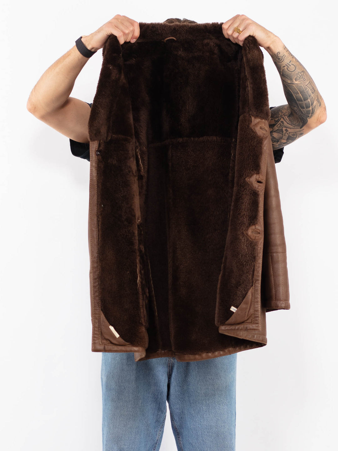 Vintage 70's Men Sheepskin Shearling Coat in Brown