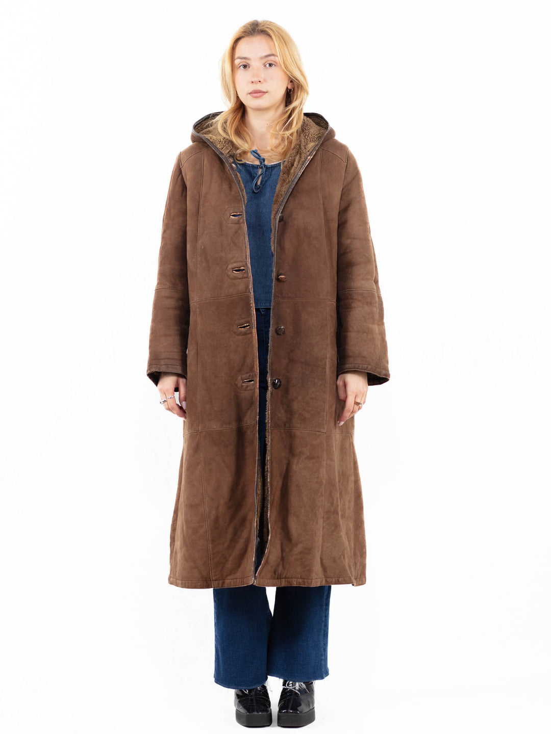 Vintage 80's Women Sheepskin Shearling Coat in Brown
