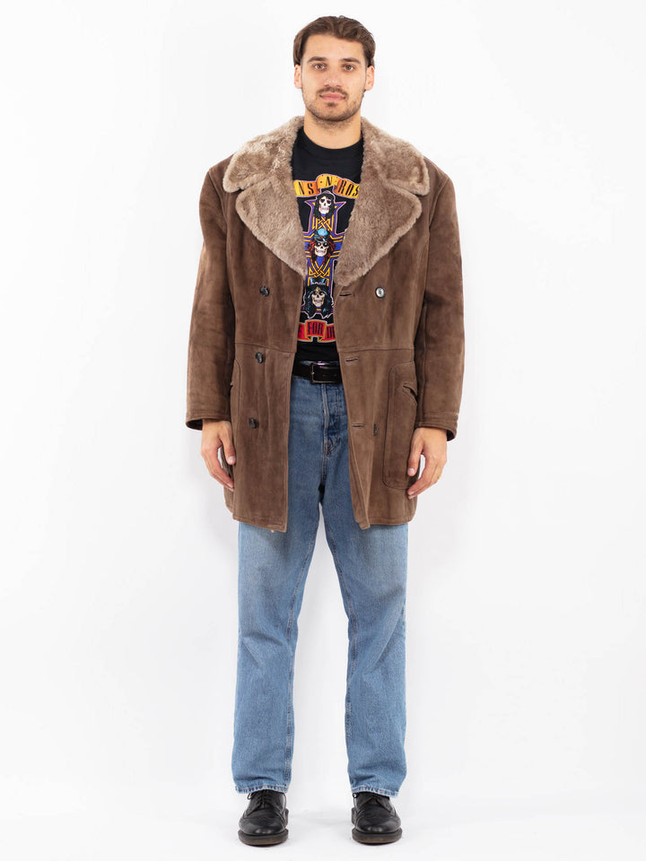 Vintage 70's Men Sheepskin Shearling Coat in Brown