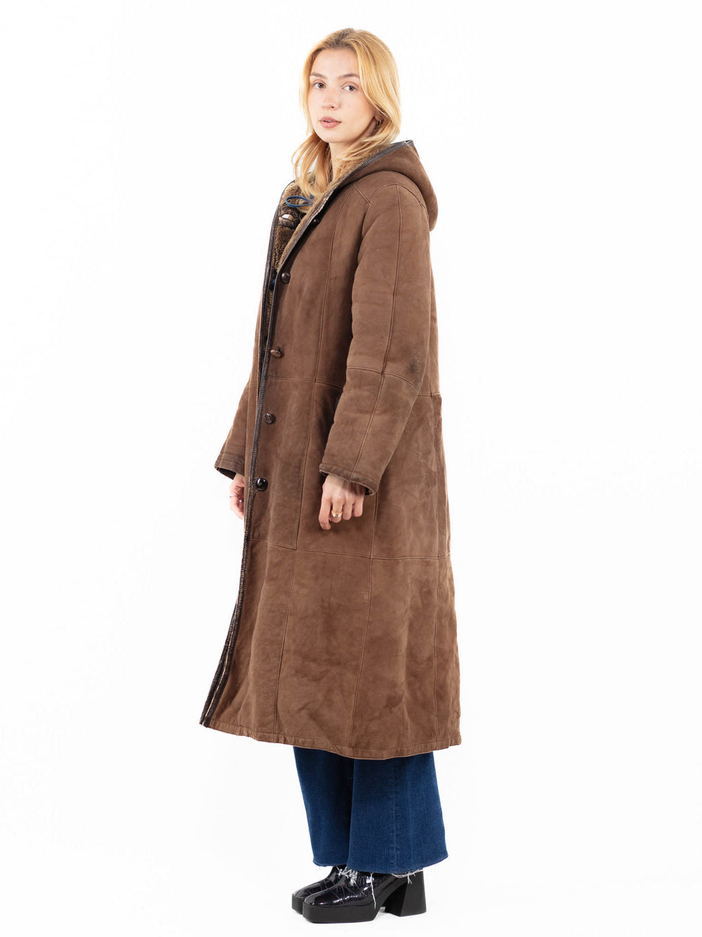 Vintage 80's Women Sheepskin Shearling Coat in Brown