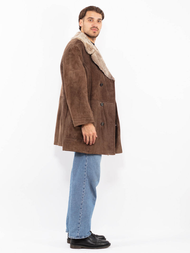 Vintage 70's Men Sheepskin Shearling Coat in Brown