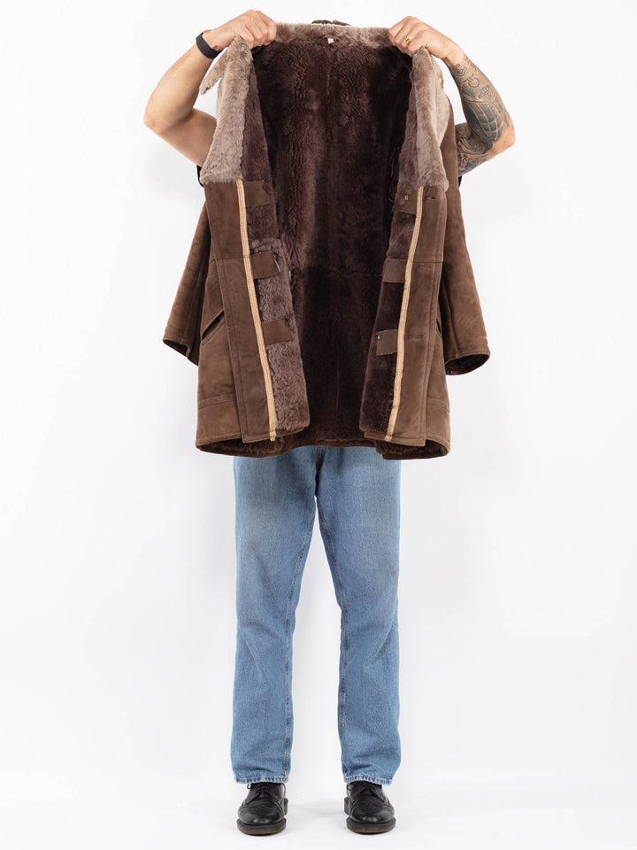 Vintage 70's Men Sheepskin Shearling Coat in Brown