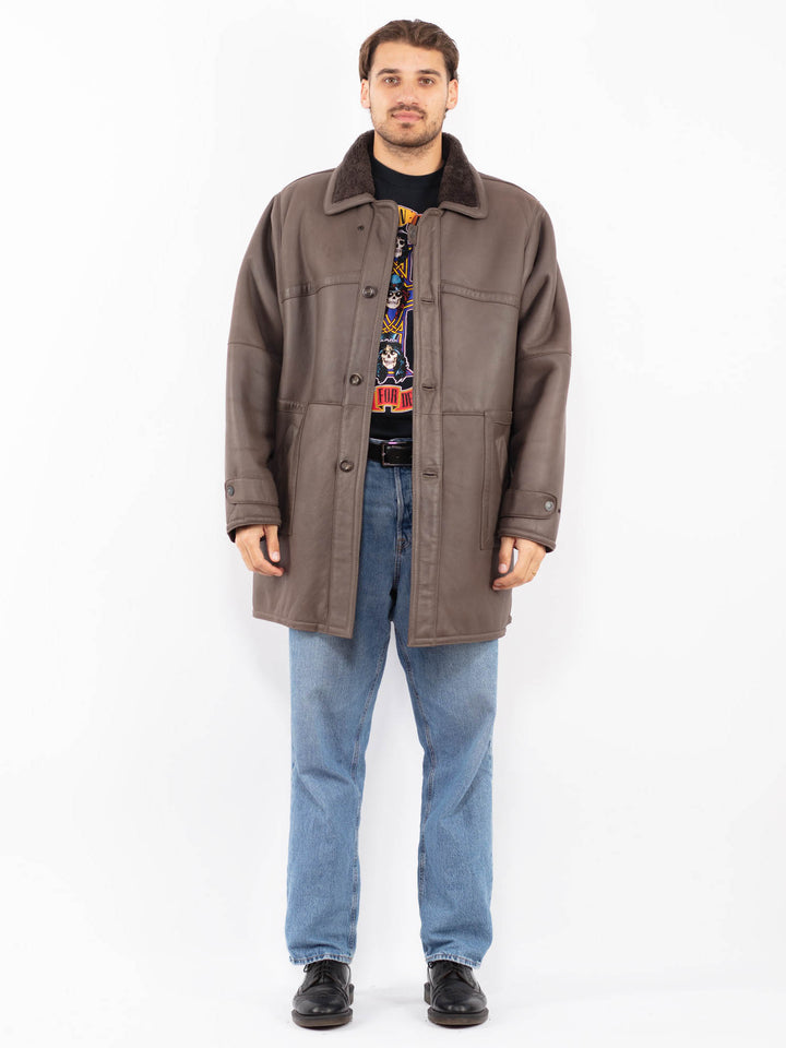 Vintage 80's Men Sheepskin Coat in Gray Brown
