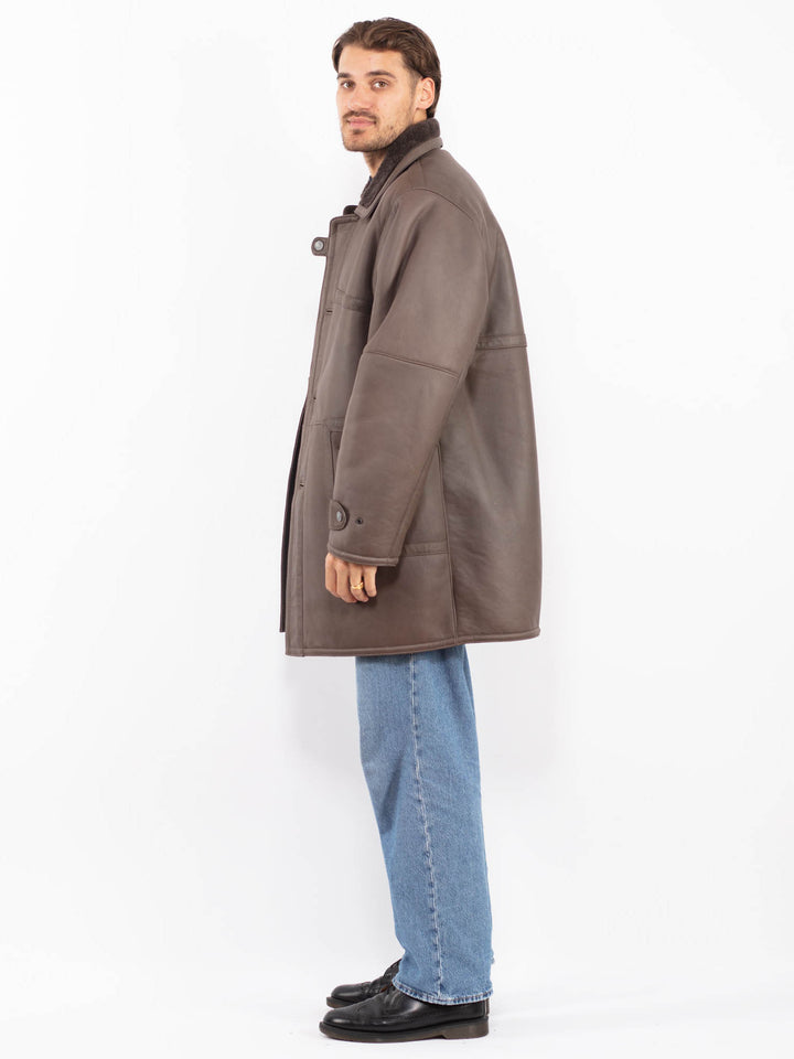 Vintage 80's Men Sheepskin Coat in Gray Brown