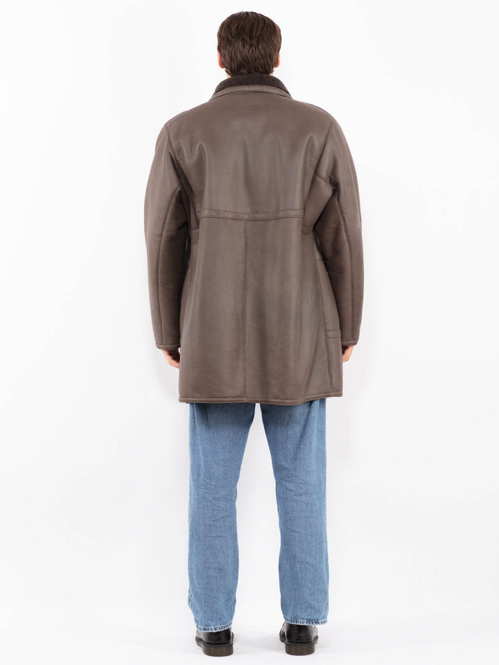 Vintage 80's Men Sheepskin Coat in Gray Brown